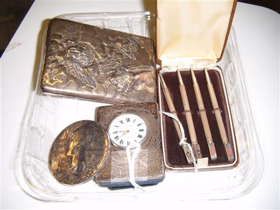 Silver card case embossed with Reynolds angels, set 4 silver bridge pencils, cased, silver-mounted desk clock & a medallion